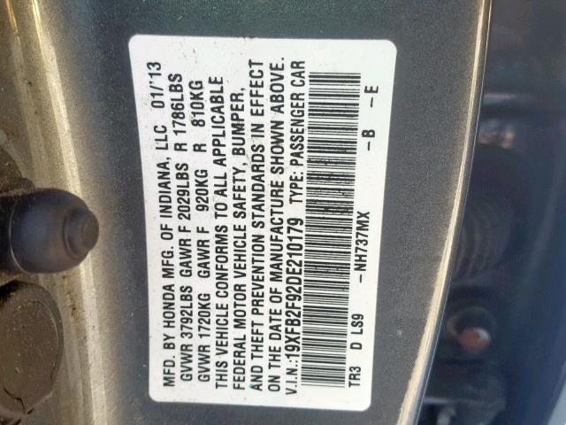 19XFB2F92DE210179 - 2013 HONDA CIVIC EXL GRAY photo 10