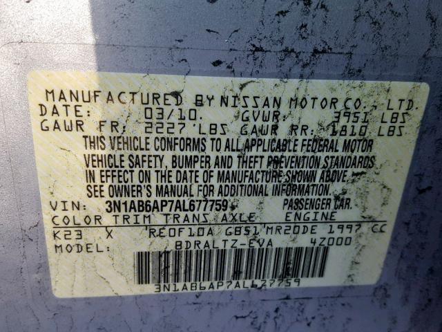 3N1AB6AP7AL677759 - 2010 NISSAN SENTRA 2.0 SILVER photo 10