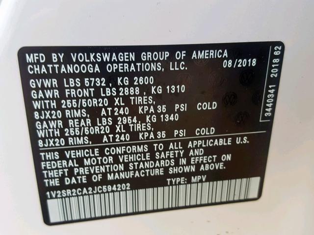 1V2SR2CA2JC594202 - 2018 VOLKSWAGEN ATLAS SEL WHITE photo 10