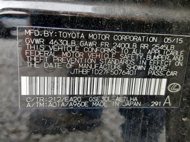 JTHBF1D27F5076401 - 2015 LEXUS IS 250 BLACK photo 10