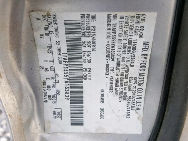 1FAFP55S5YA183839 - 2000 FORD TAURUS SES SILVER photo 10