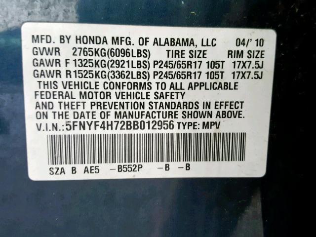 5FNYF4H72BB012956 - 2011 HONDA PILOT EXLN BLUE photo 10