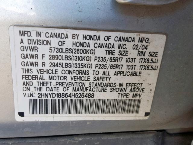 2HNYD18864H526488 - 2004 ACURA MDX TOURIN SILVER photo 10