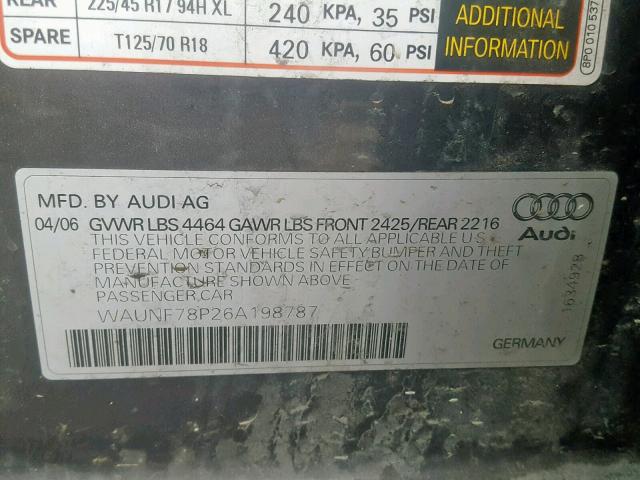 WAUNF78P26A198787 - 2006 AUDI A3 2.0 PRE BLACK photo 10