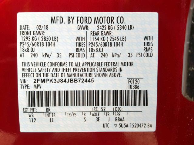 2FMPK3J84JBB72445 - 2018 FORD EDGE SEL MAROON photo 10