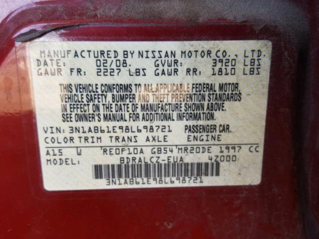 3N1AB61E98L698721 - 2008 NISSAN SENTRA 2.0 MAROON photo 10