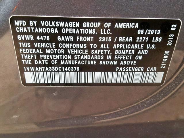 1VWAH7A33DC140379 - 2013 VOLKSWAGEN PASSAT S CHARCOAL photo 10