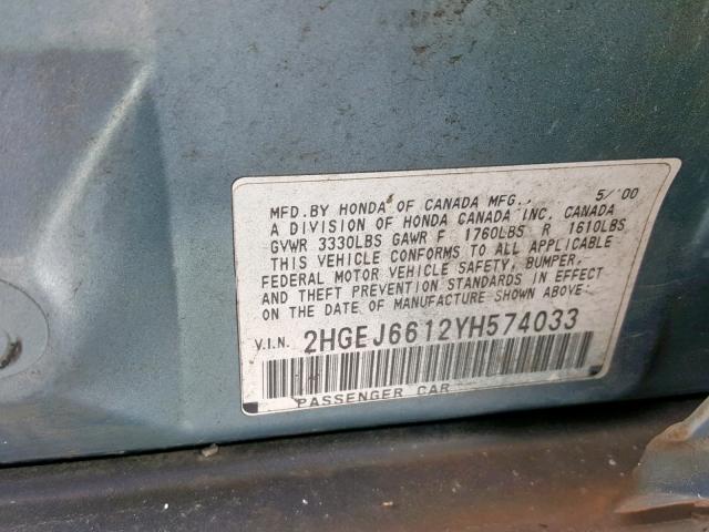 2HGEJ6612YH574033 - 2000 HONDA CIVIC BASE Yaşıl foto 10