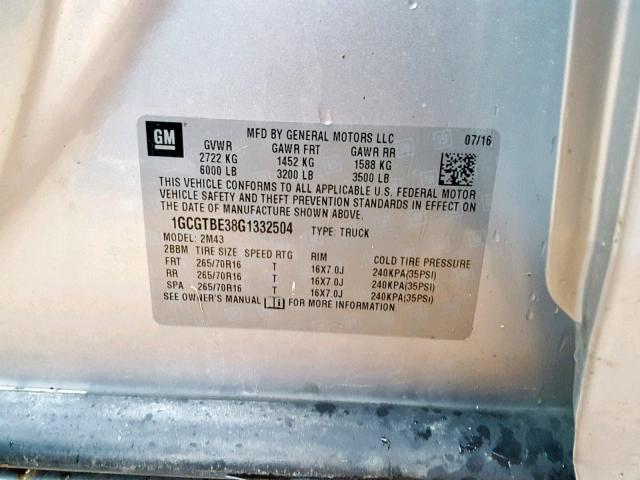 1GCGTBE38G1332504 - 2016 CHEVROLET COLORADO SILVER photo 10