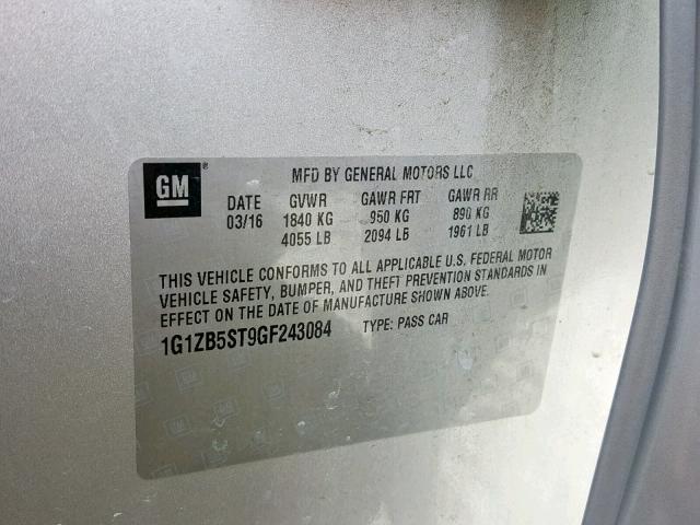 1G1ZB5ST9GF243084 - 2016 CHEVROLET MALIBU LS SILVER photo 10