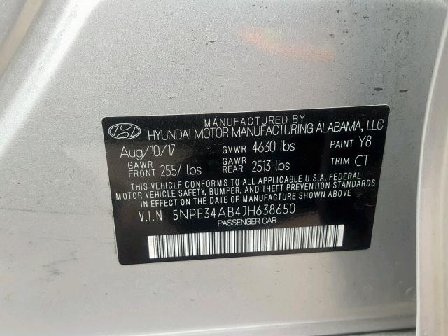 5NPE34AB4JH638650 - 2018 HYUNDAI SONATA SPO SILVER photo 10