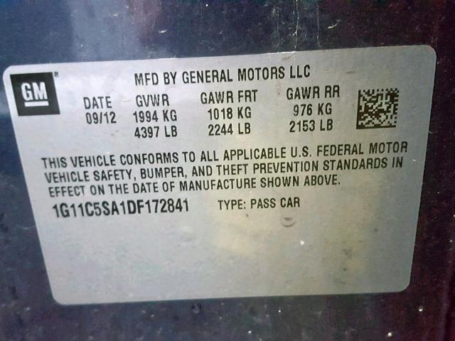 1G11C5SA1DF172841 - 2013 CHEVROLET MALIBU 1LT 蓝色 照片 10