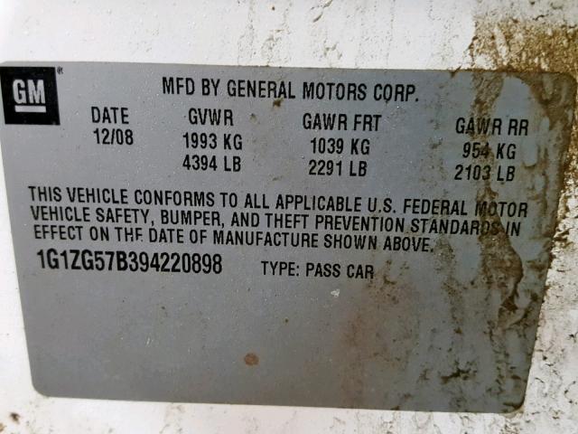 1G1ZG57B394220898 - 2009 CHEVROLET MALIBU LS WHITE photo 10