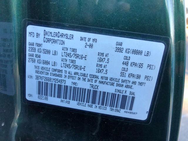 3B7KF26681M254973 - 2001 DODGE RAM 2500 GREEN photo 10