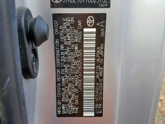 JTKDE167780251325 - 2008 TOYOTA SCION TC ვერცხლისფერი ფოტო 10