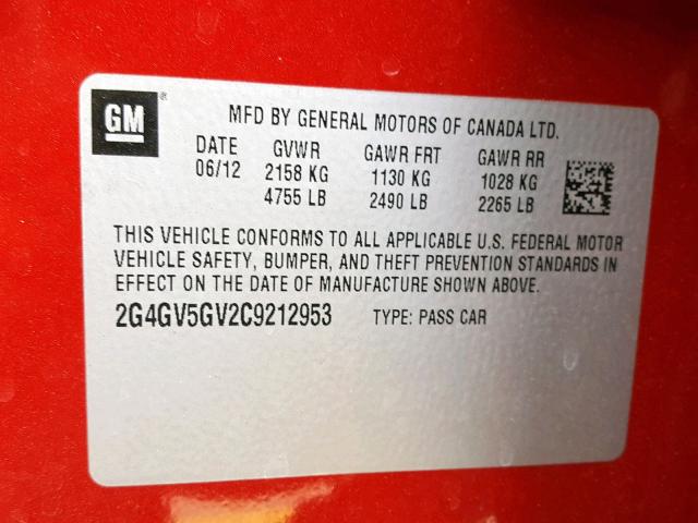 2G4GV5GV2C9212953 - 2012 BUICK REGAL GS RED photo 10