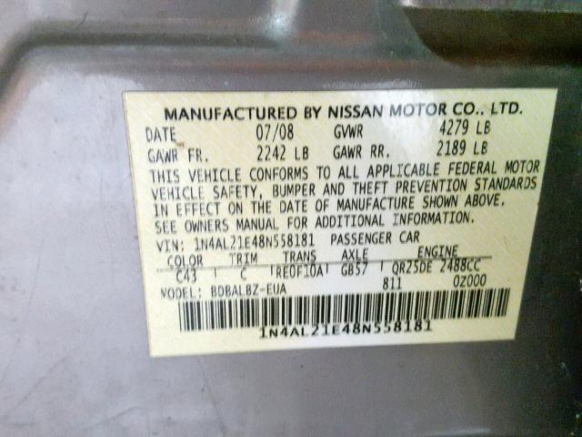 1N4AL21E48N558181 - 2008 NISSAN ALTIMA 2.5 TAN photo 10