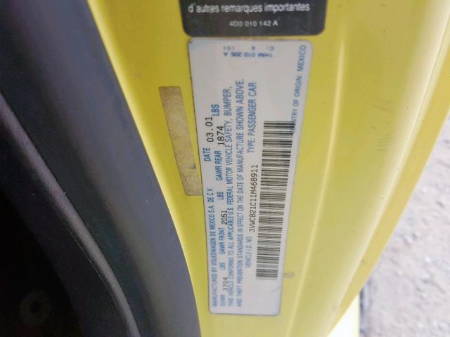 3VWCB21C11M468911 - 2001 VOLKSWAGEN NEW BEETLE 黄色 照片 10