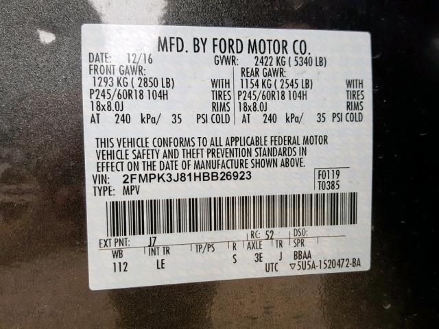 2FMPK3J81HBB26923 - 2017 FORD EDGE SEL CHARCOAL photo 10