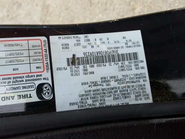 3FAFP08106R109236 - 2006 FORD FUSION SEL BLACK photo 10