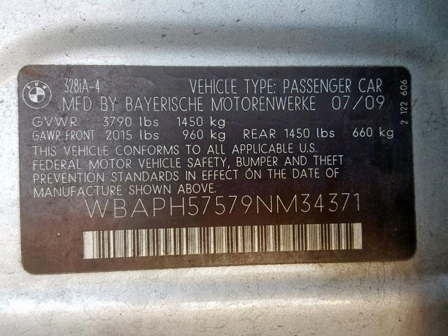 WBAPH57579NM34371 - 2009 BMW 328 I SULE SILVER photo 10