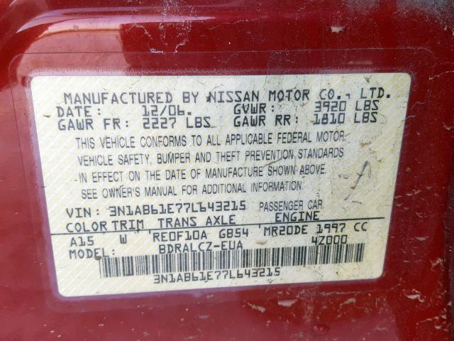 3N1AB61E77L643215 - 2007 NISSAN SENTRA 2.0 RED photo 10