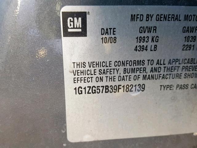 1G1ZG57B39F182139 - 2009 CHEVROLET MALIBU LS Сұр фото 10