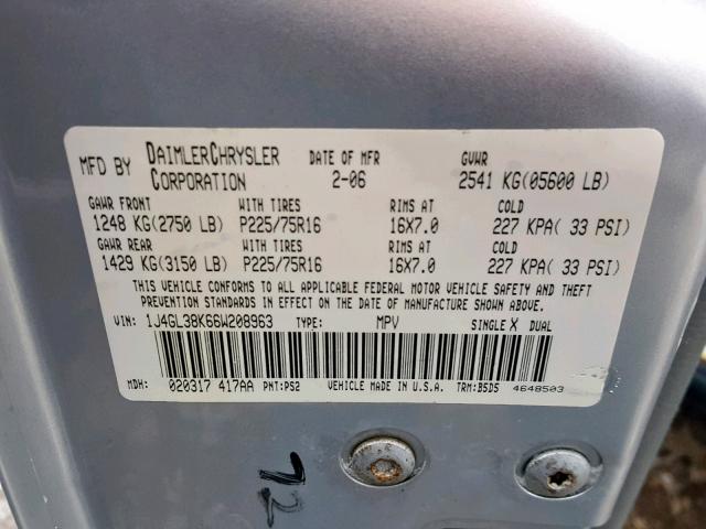 1J4GL38K66W208963 - 2006 JEEP LIBERTY RE SILVER photo 10