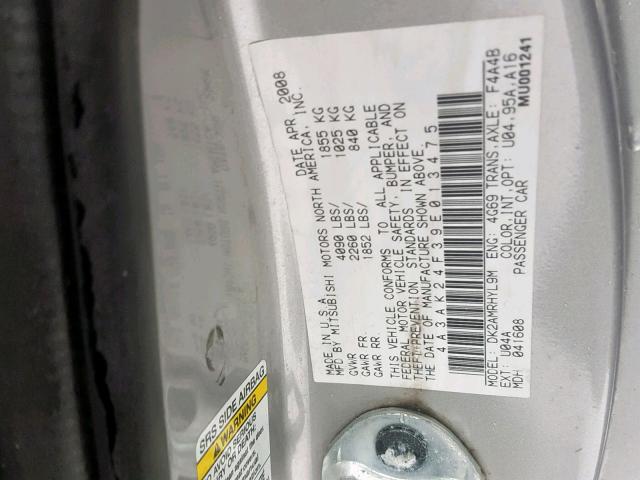 4A3AK24F39E013475 - 2009 MITSUBISHI ECLIPSE GS SILVER photo 10