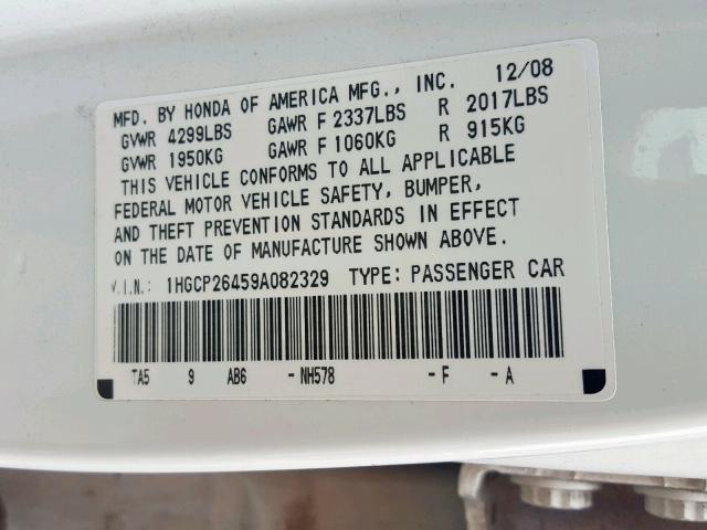 1HGCP26459A082329 - 2009 HONDA ACCORD LXP WHITE photo 10