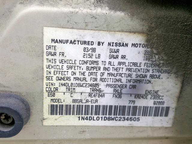 1N4DL01D8WC234605 - 1998 NISSAN ALTIMA XE GOLD photo 10