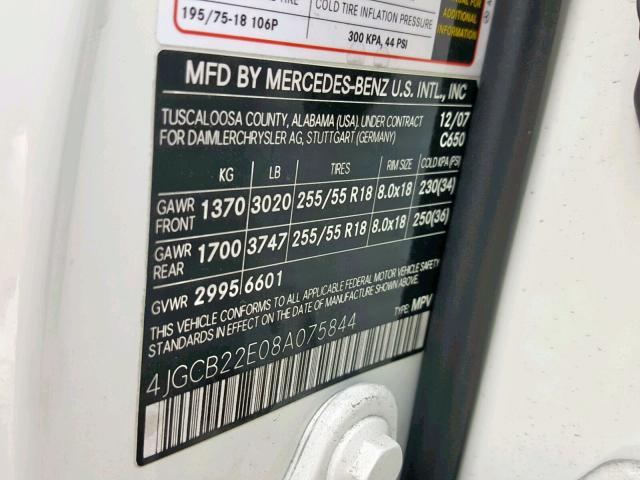 4JGCB22E08A075844 - 2008 MERCEDES-BENZ R 320 CDI WHITE photo 10