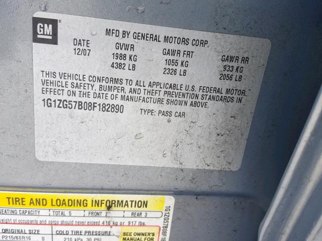 1G1ZG57B08F182890 - 2008 CHEVROLET MALIBU LS GRAY photo 10