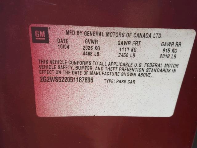2G2WS522051187806 - 2005 PONTIAC GRAND PRIX MAROON photo 10