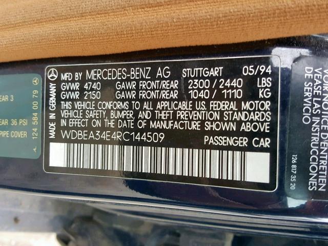 WDBEA34E4RC144509 - 1994 MERCEDES-BENZ E 420 BLUE photo 10