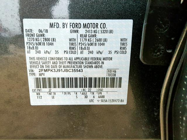 2FMPK3J91JBC35543 - 2018 FORD EDGE SEL CHARCOAL photo 10