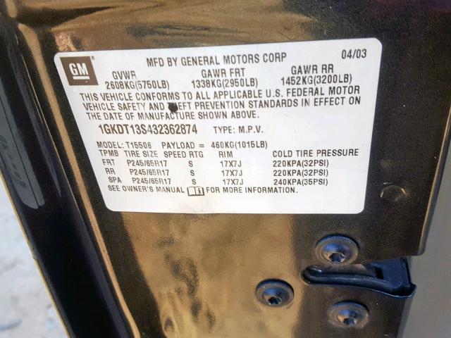 1GKDT13S432362874 - 2003 GMC ENVOY GRAY photo 10