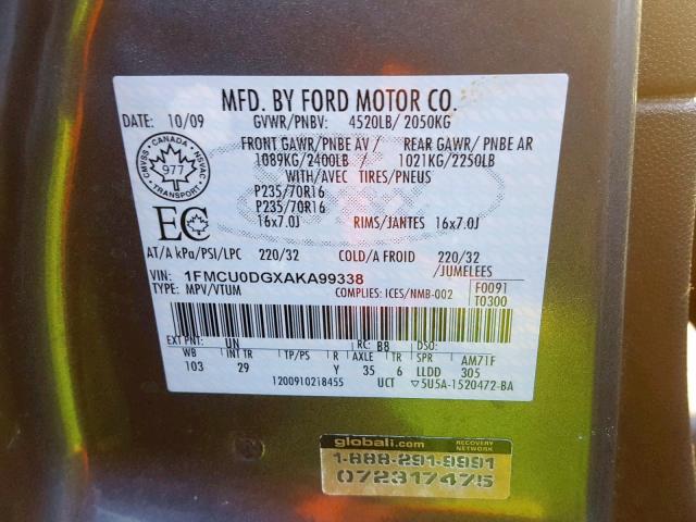 1FMCU0DGXAKA99338 - 2010 FORD ESCAPE XLT BLUE photo 10