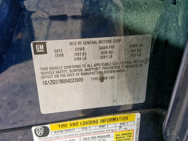 1G1ZG57B894223909 - 2009 CHEVROLET MALIBU LS BLUE photo 10