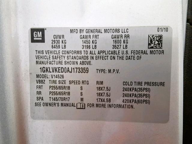 1GKLVKED0AJ173359 - 2010 GMC ACADIA SL SILVER photo 10