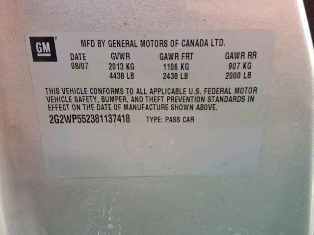 2G2WP552381137418 - 2008 PONTIAC GRAND PRIX SILVER photo 10