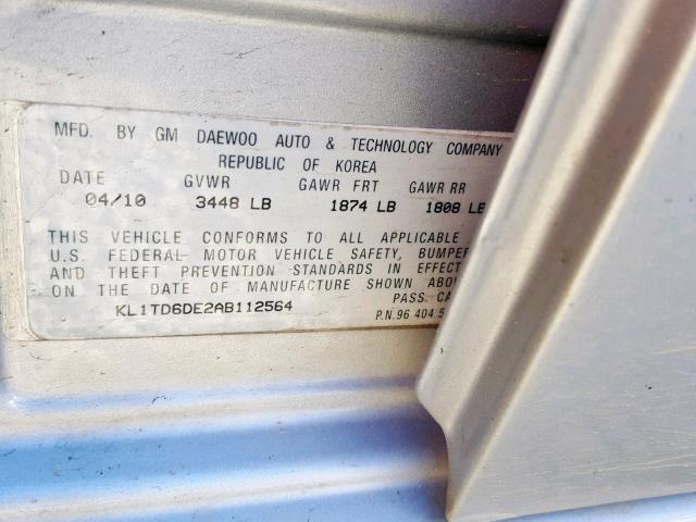 KL1TD6DE2AB112564 - 2010 CHEVROLET AVEO LS GRAY photo 10