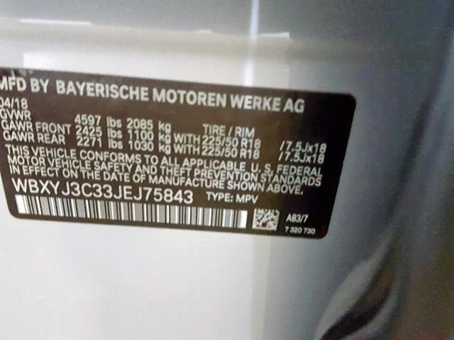 WBXYJ3C33JEJ75843 - 2018 BMW X2 SDRIVE2 SILVER photo 10