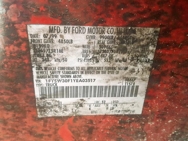 1FTSW30F1YEA03517 - 2000 FORD F350 SRW S RED photo 10