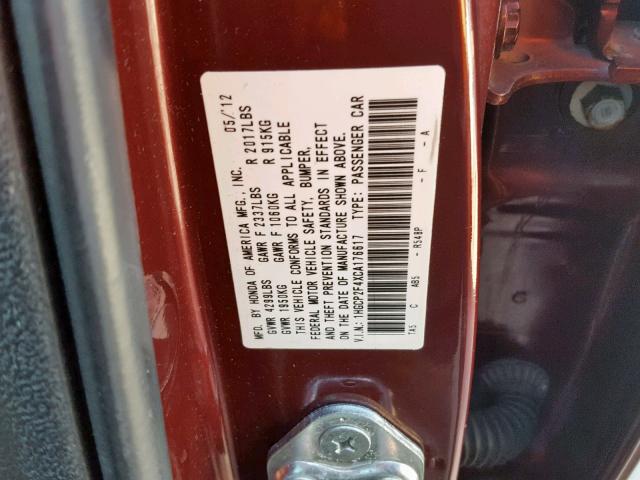 1HGCP2F4XCA176617 - 2012 HONDA ACCORD LXP MAROON photo 10