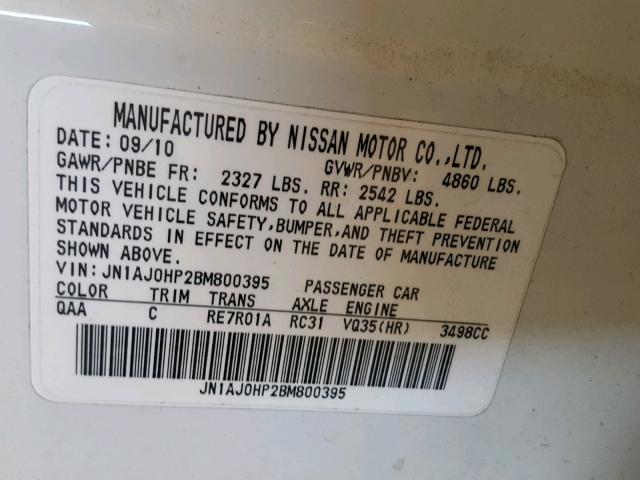 JN1AJ0HP2BM800395 - 2011 INFINITI EX35 BASE WHITE photo 10