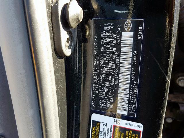 4T1BE46K69U869195 - 2009 TOYOTA CAMRY BASE BLACK photo 10
