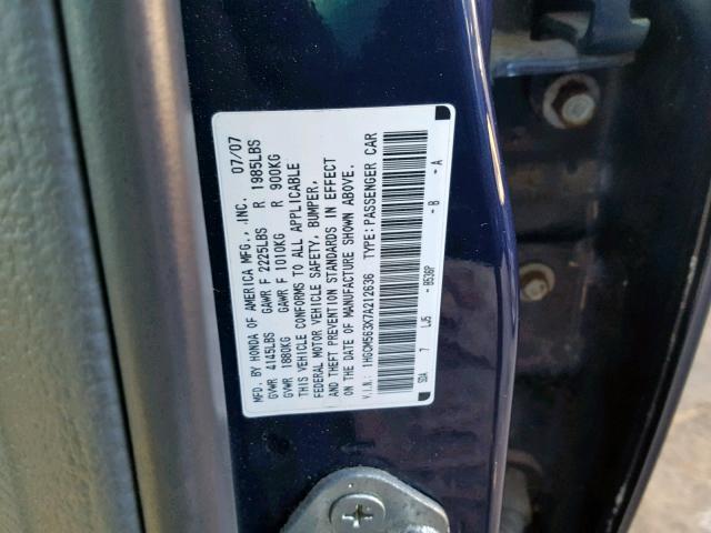 1HGCM563X7A212636 - 2007 HONDA ACCORD SE BLUE photo 10