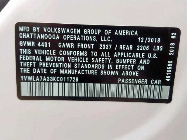 1VWLA7A33KC011729 - 2019 VOLKSWAGEN PASSAT WOL WHITE photo 10