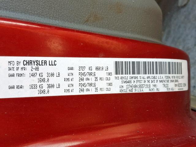 1D7HE48N18S571918 - 2008 DODGE DAKOTA QUA RED photo 10